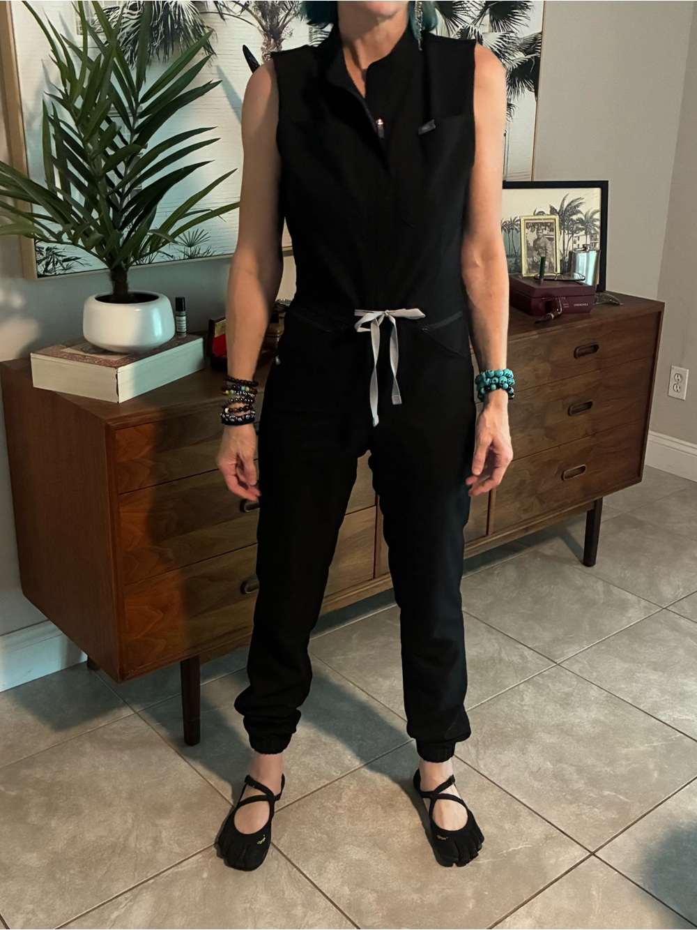 Figs Black Sleeveless Zip Jumpsuit with Contrast Drawstring